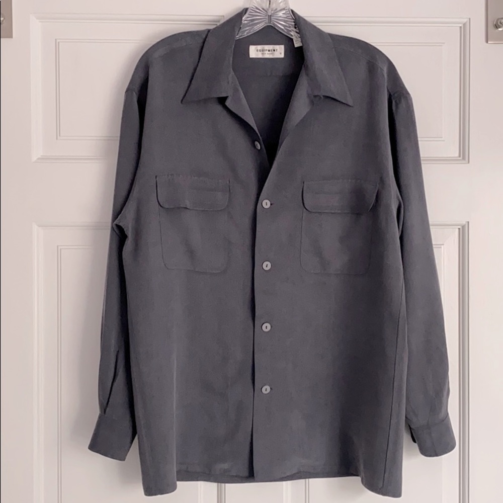Equipment designer long sleeve silk blouse with front pockets - grayish blue *